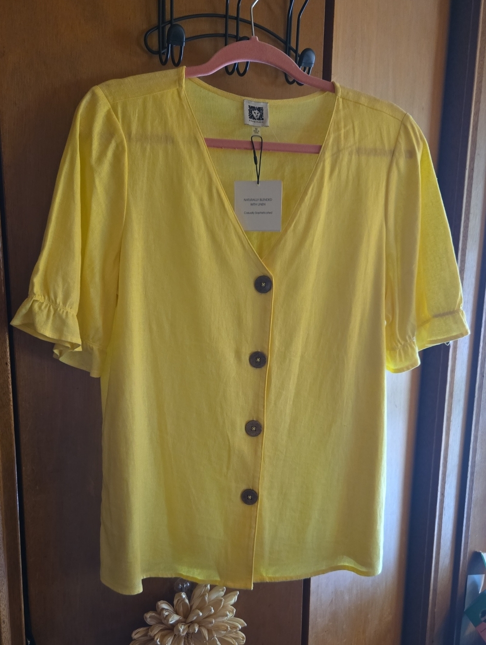 Anne Klein Bright Yellow Button-Front Ruffle Sleeve Blouse